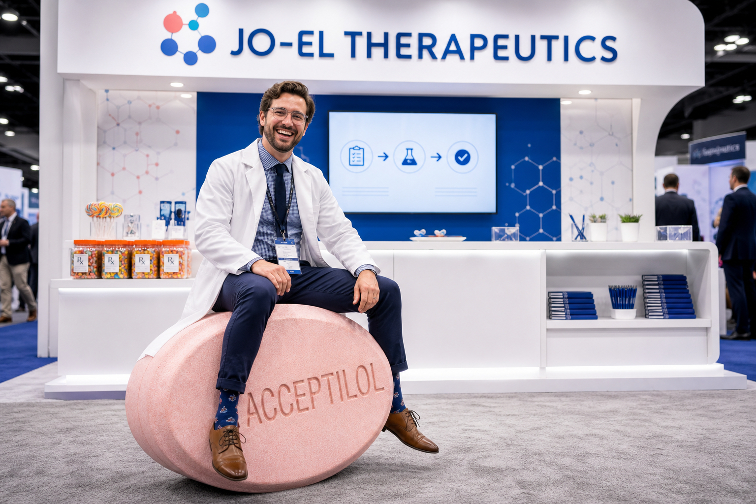 A smiling JO-EL Therapeutics scientist sitting on a giant Acceptilol tablet in front of the conference booth