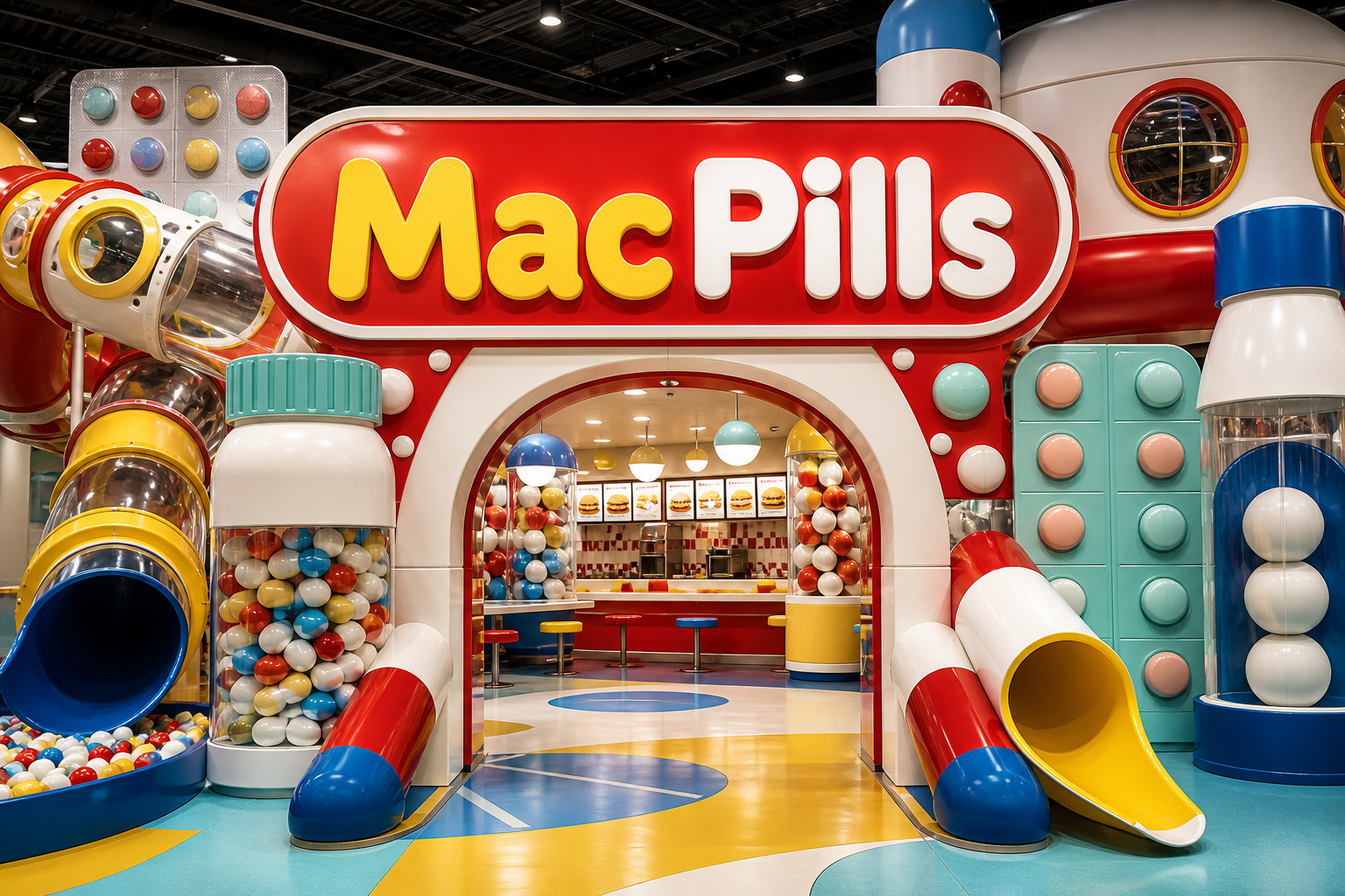 The colorful MacPills indoor playground built from oversized capsules, medicine bottles, and blister packs