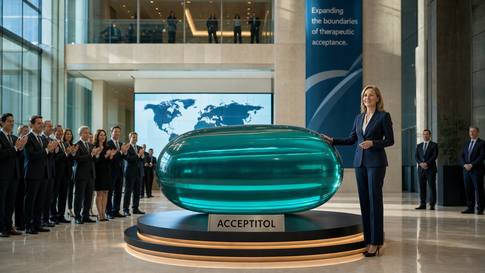 Executives applaud an SUV-sized teal Acceptitol capsule in a corporate headquarters atrium.
