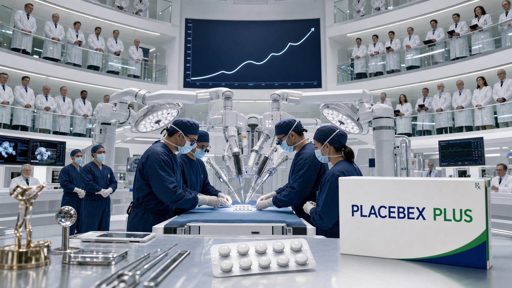 A surgical team performs a robotic procedure on a Placebex Plus blister pack.