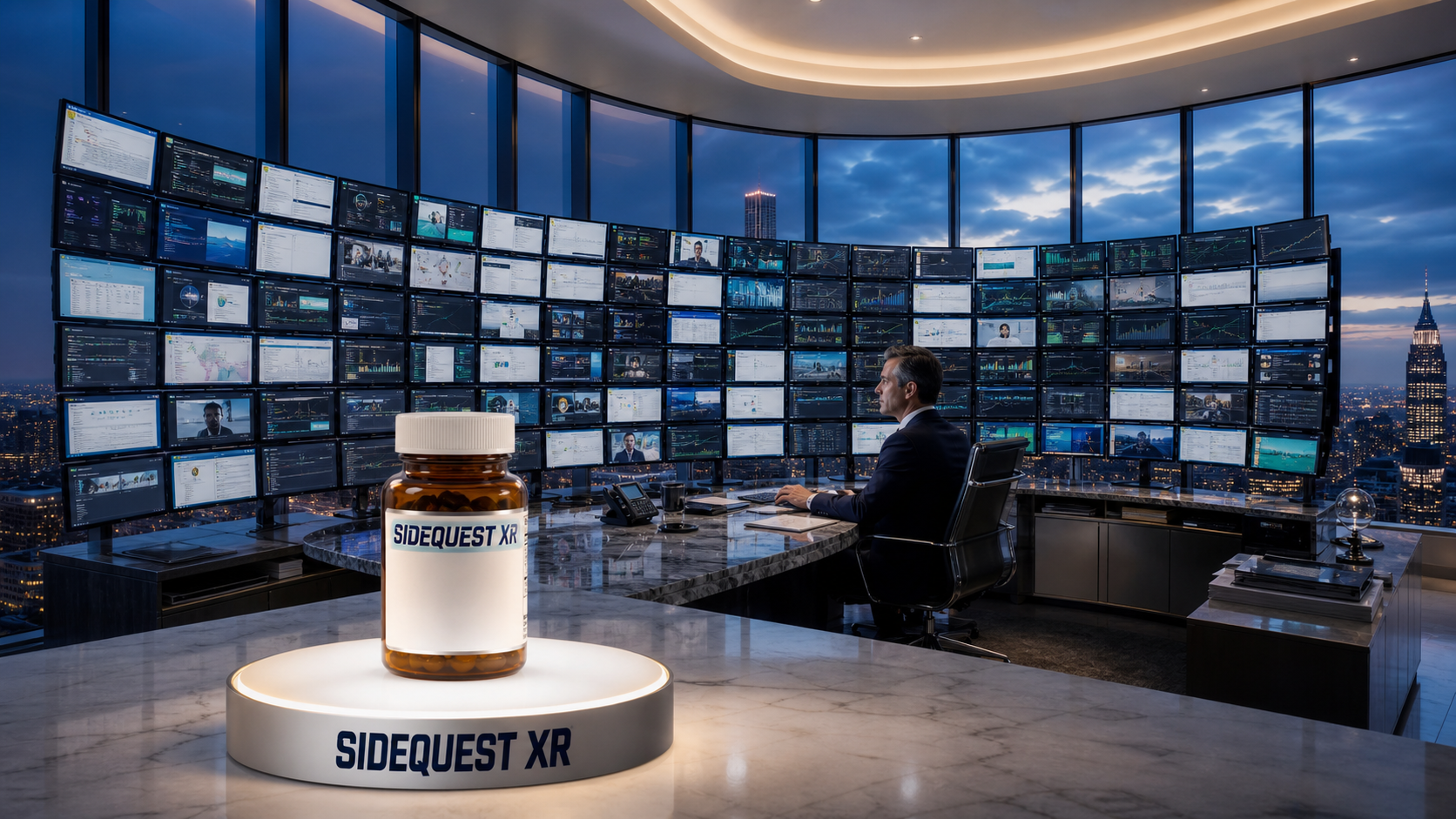 A SideQuest XR bottle in an executive office surrounded by an enormous wall of monitors.