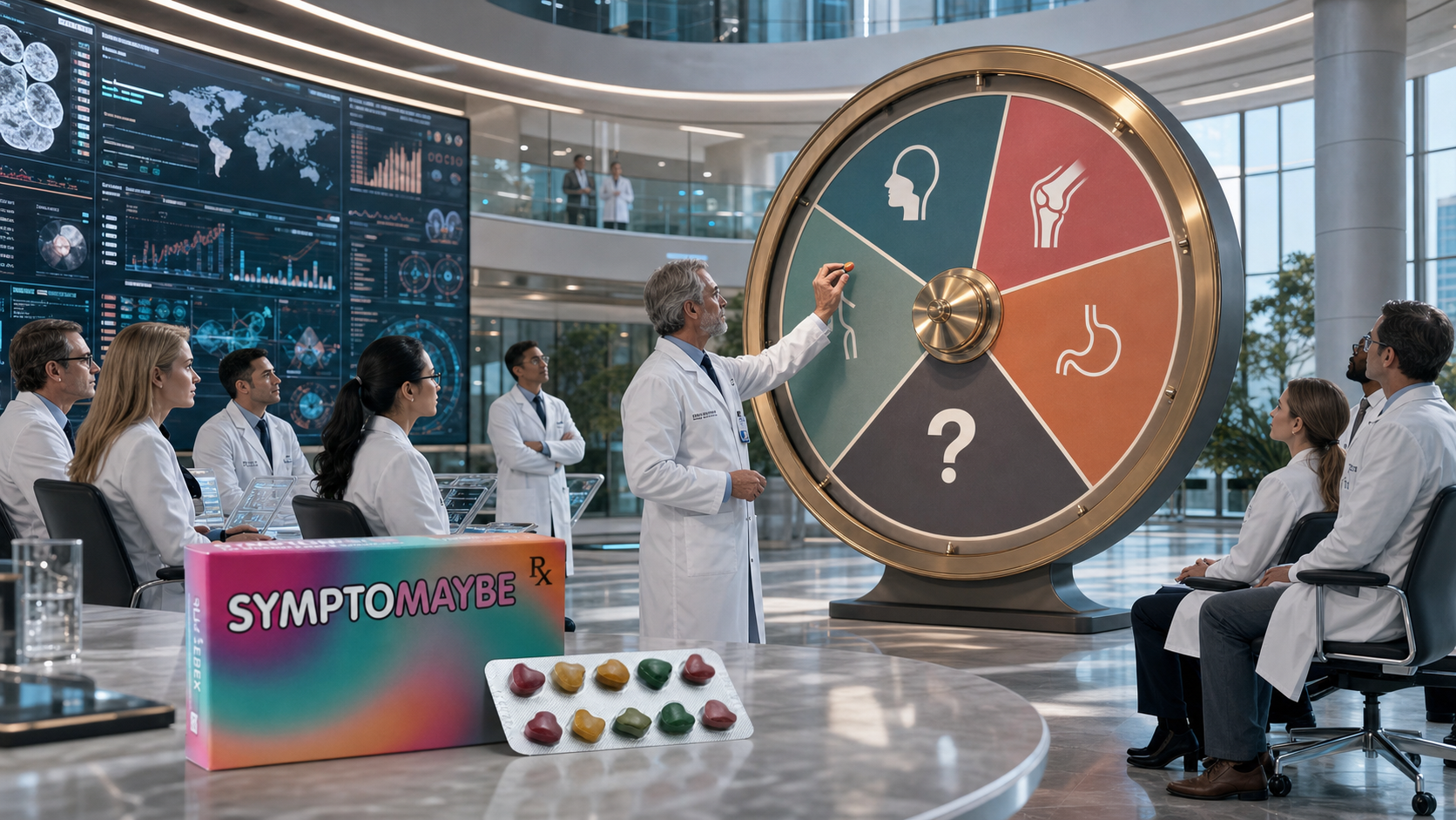 Scientists use a giant diagnostic roulette wheel beside a box of Symptomaybe tablets.